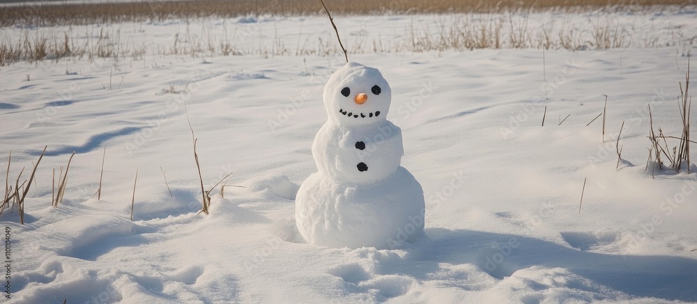 Poster whimsical snowman standing cheerfully in a serene winter landscape with a snowy backdrop and soft su