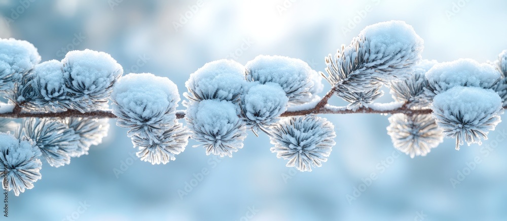 Poster frosted tree branch with snow-covered pine needles against a serene winter background