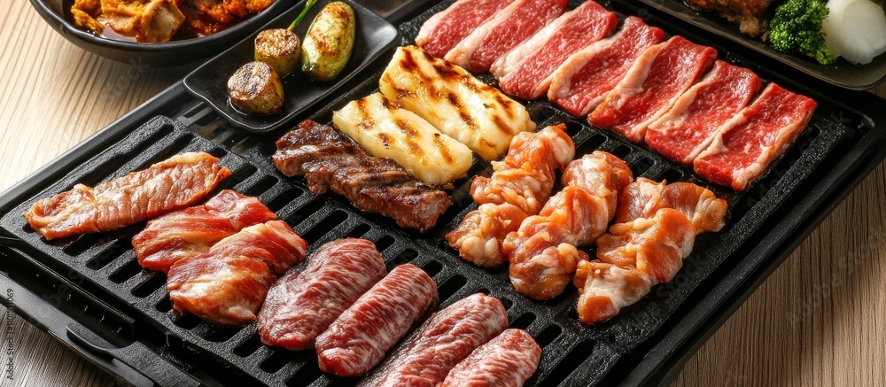 Poster assorted meats sizzling on an electric grill showcasing a variety of textures and colors in a delici