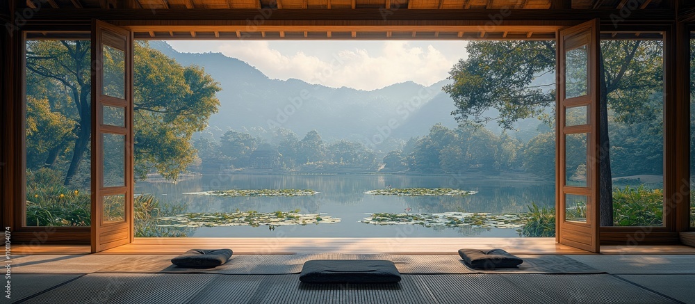 Poster serene view from a wooden pavilion overlooking a tranquil marsh with lotus trees and misty mountains