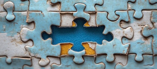 Blue puzzle with a missing piece reveals vibrant colors beneath symbolizing gaps and the search for completeness in life and challenges.