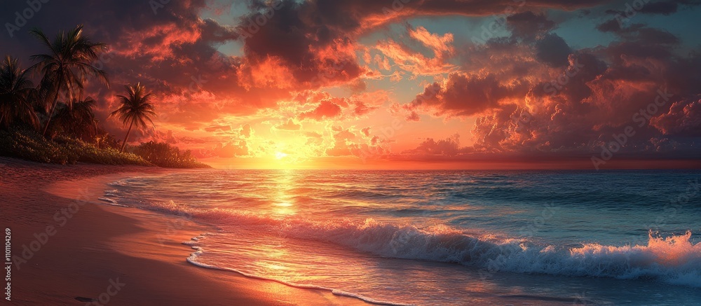 Poster Sunset over tranquil beach with palm trees and vibrant clouds reflecting on calm ocean waves