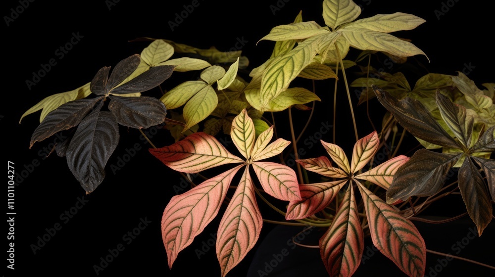 Poster variegated aralia plant showcasing colorful foliage against a dark background highlighting unique le