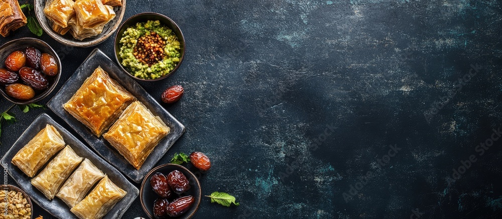 Aufkleber Assorted baklava and dates elegantly arranged on dark textured surface showcasing Middle Eastern dessert culture