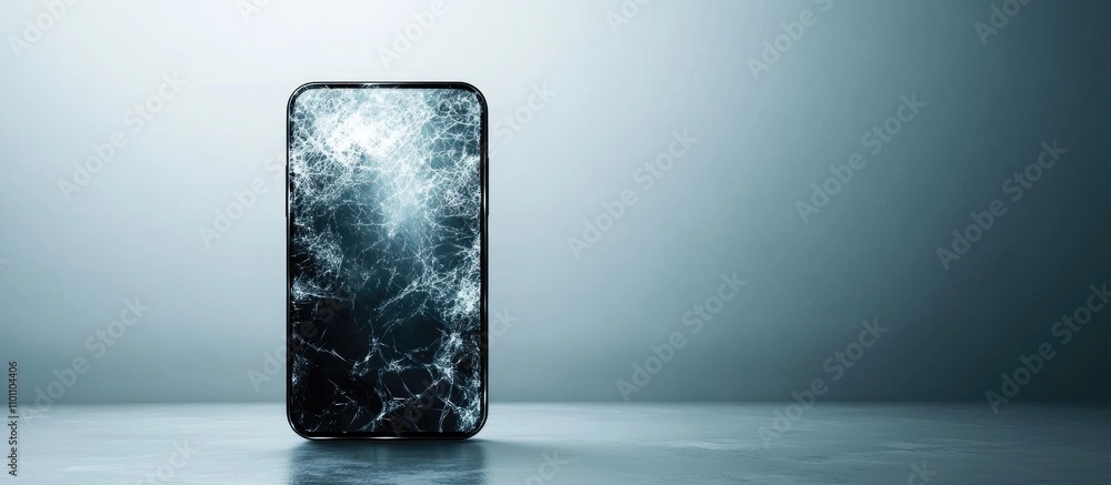 Poster damaged smartphone with cracked screen on white backdrop illustrating technology issues and consumer