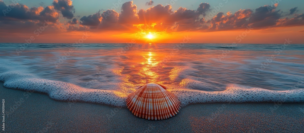 Poster serene sunset over the ocean with a colorful clam shell in the foreground and gentle waves lapping a