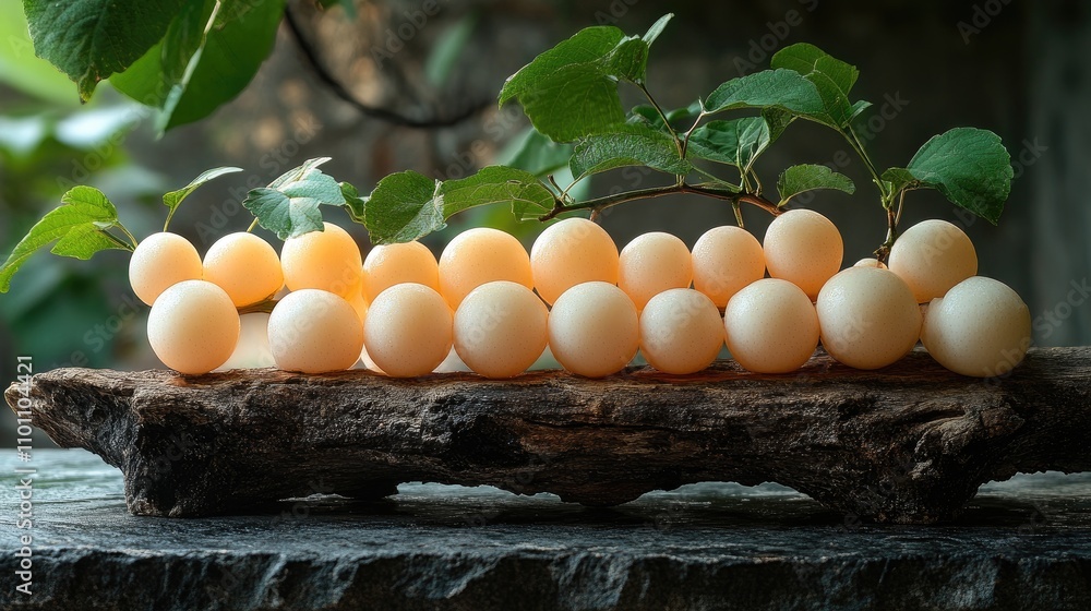 Poster uncommon snow fruit arranged on a rustic wooden surface with natural greenery showcasing its unique 