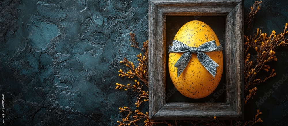 Aufkleber Top view of a gold speckled egg with a ribbon in a rustic frame on a dark textured background ideal for Easter or seasonal greetings