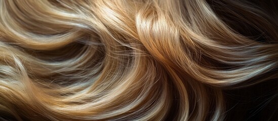 Naklejka premium Smooth flowing waves of golden blonde hair with natural shine and texture against a dark background for beauty and hairstyling concepts.