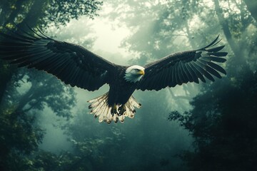 Fototapeta premium A majestic bald eagle soars through a misty forest, its wings spread wide.