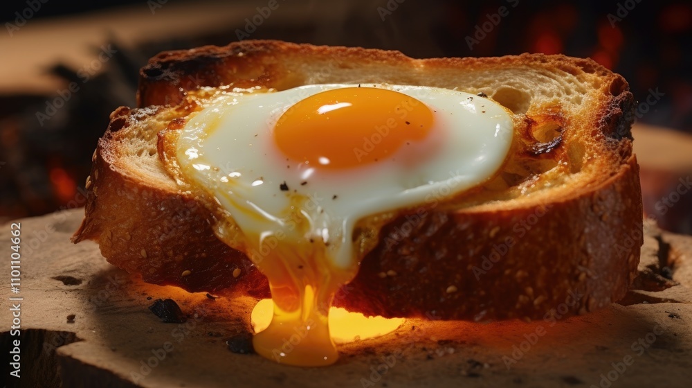 Poster toasted bread with a runny egg yolk nestled inside on a rustic wooden surface with a warm background