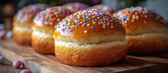 Homemade Kulich Traditional Easter Orthodox Sweet Bread with Colorful Sprinkles on a Wooden Table