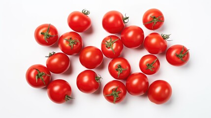 Fresh cherry tomatoes arranged on a clean white background showcasing vibrant red color and natural green stems for culinary use.
