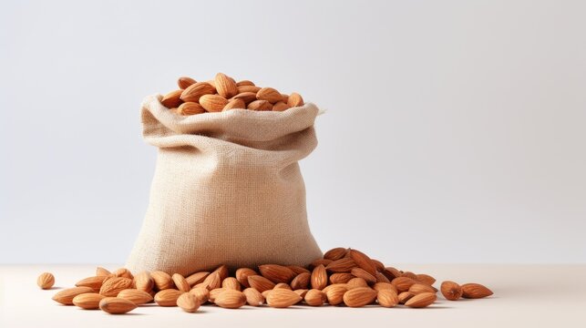 Organic almond kernels spilling from a jute bag on a neutral background showcasing natural healthy food and sustainable packaging.