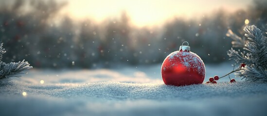 Red Christmas ornament resting on snow with frosted branches and a glowing winter backdrop capturing the essence of holiday cheer.