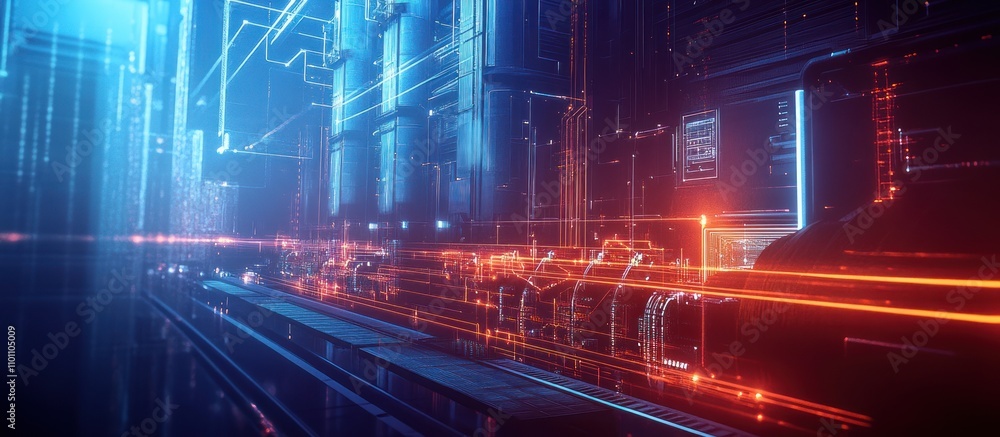 Poster futuristic cityscape with glowing digital lines and data streams.