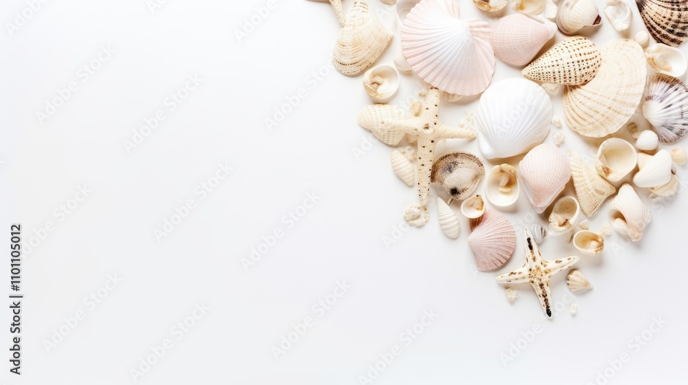 Poster Aesthetic arrangement of sea shells on a white background creating a heart shape with ample copy space for postcards or text insertion