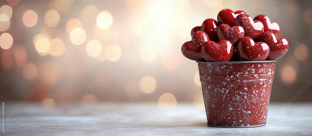 Poster valentine's day themed backdrop with heart decorations in a bucket on a soft focus background