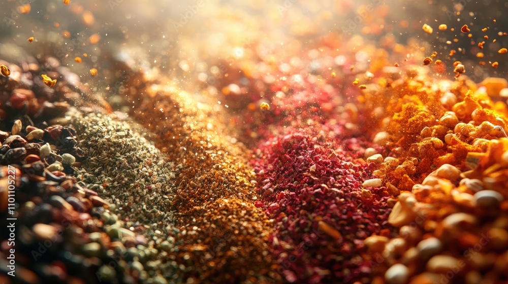 Poster vibrant assortment of spices in shallow depth of field with glistening particles and rich textures
