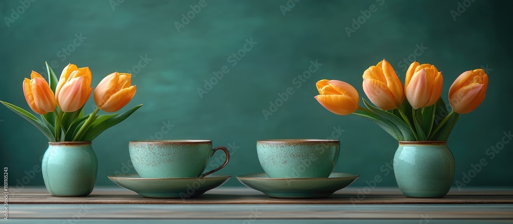 Poster tea cups and yellow tulips arranged beautifully on wooden table with a green background creating a v