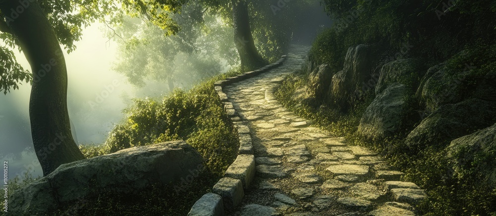 Aufkleber serene ancient stone path weaving through a lush green forest in soft morning light creating a tranq