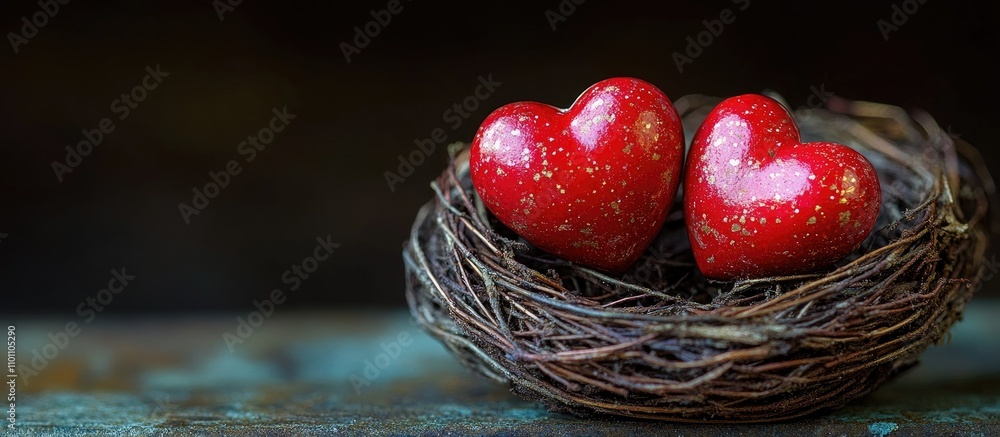 Poster valentine's day themed red hearts nestled in a rustic nest creating a romantic atmosphere for decora