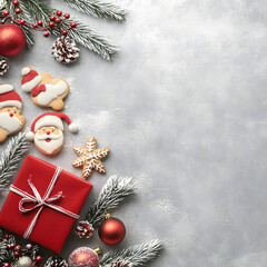 template, background for marketing,advertising, Christmas decor, gifts, cookies, tree branches and toys on a silver background for the New Year holiday