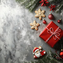 template, background for marketing,advertising, Christmas decor, gifts, cookies, tree branches and toys on a silver background for the New Year holiday