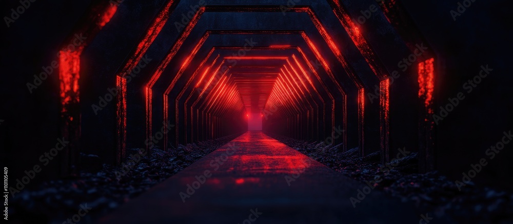 Poster illuminated industrial tunnel showcasing engineering infrastructure with striking red lighting and u