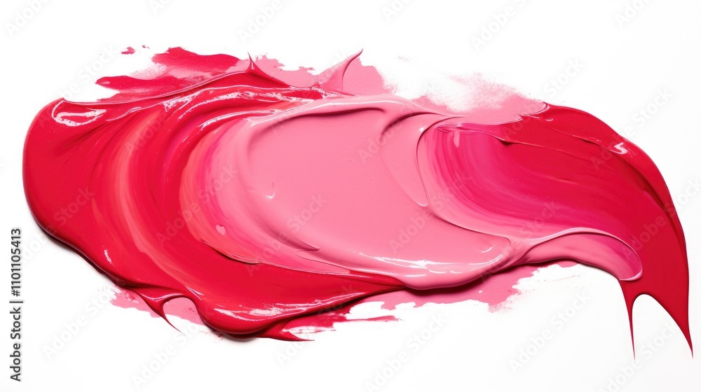 Poster acrylic paint and lipstick smear with vibrant shades of pink and red on a clean white background for