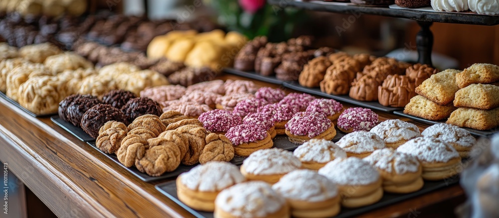 Poster Elegant display of assorted cookies on long trays showcasing various textures and colors for a delightful culinary experience