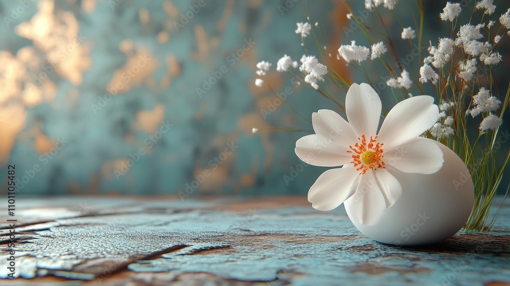 Poster elegant white flower in a decorative egg displayed on a textured surface with a blurred background c