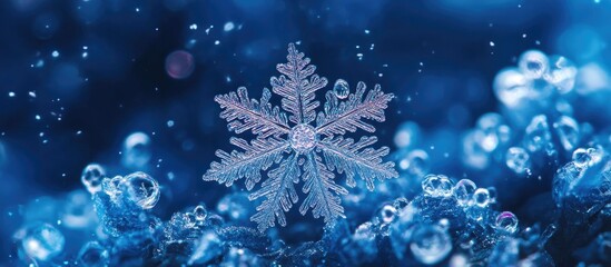 Delicate snowflake contrasting with shimmering blue background creating a serene winter atmosphere with crystalline details and bubbles.