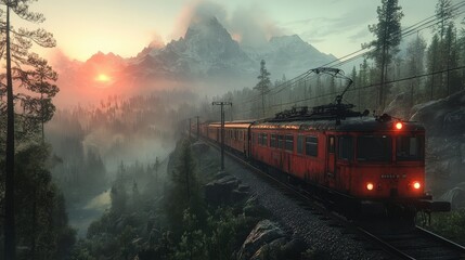 A train travels through a misty landscape at sunset, surrounded by mountains and trees.