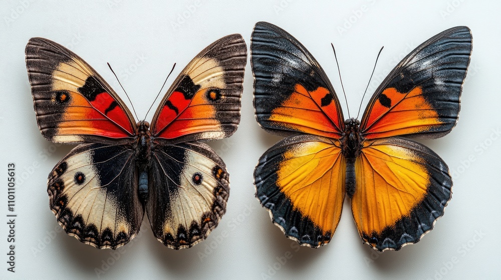 Poster Detailed composition of two vibrant butterflies showcasing intricate patterns and colors against a clean white background.