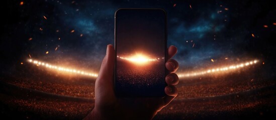 Hand holding smartphone at a baseball stadium with empty screen symbolizing technology in sports for live updates and fantasy league management