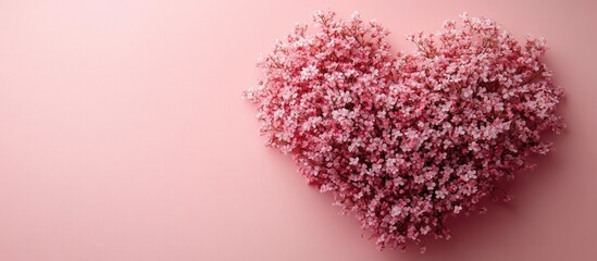 Fototapeta premium Romantic floral heart arrangement on pink backdrop ideal for love themes and celebrations featuring ample copy space in a minimalistic style