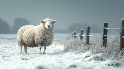 Fototapeta premium Sheep standing in snow-covered winter farmland with foggy hills in the background showcasing tranquil rural scenery.