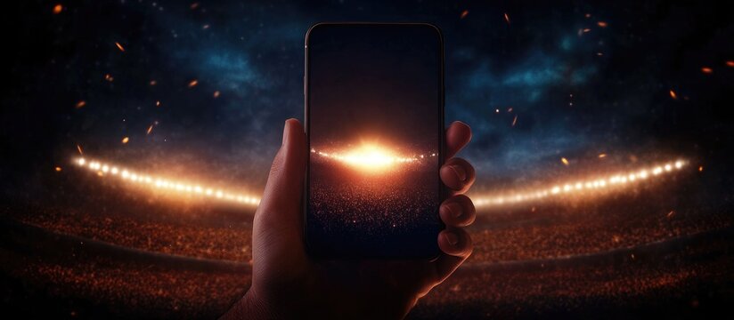 Hand holding smartphone at a baseball stadium with empty screen symbolizing technology in sports for live updates and fantasy league management