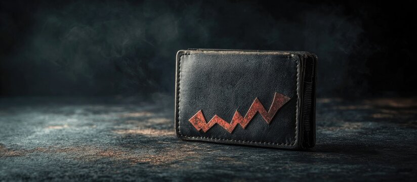 Black wallet with Bitcoin symbol and downward red arrow representing cryptocurrency bear market trends and economic decline analysis