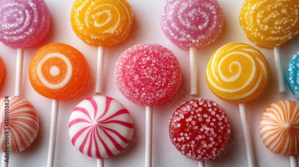 Poster colorful assortment of sweetmeats and lollipops arranged on a white background showcasing vibrant pa
