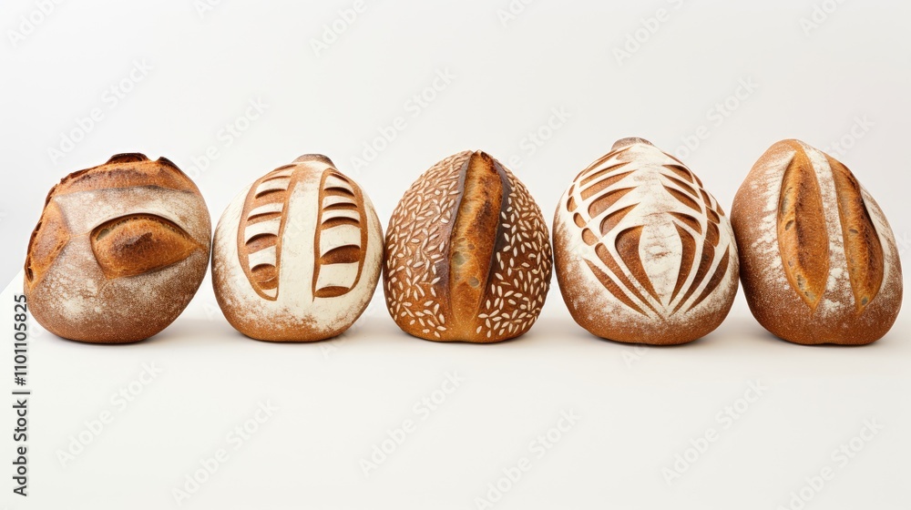 Poster artisanal sourdough breads with distinct patterns displayed against a minimalist white backdrop show