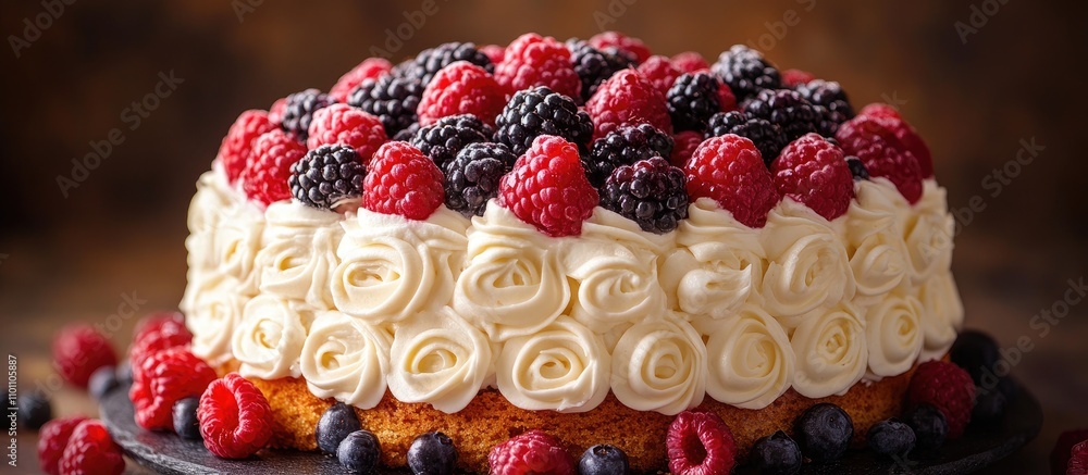 Aufkleber delicious cake adorned with fresh cream and a vibrant assortment of berries creating an enticing des