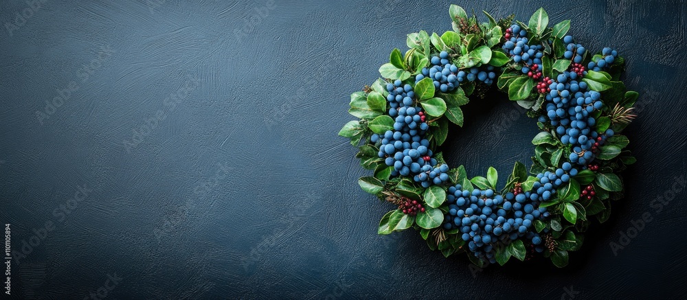 Aufkleber blueberry wreath on dark textured background with ample negative space for text or signature, perfec