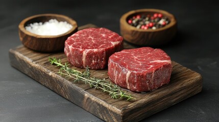 Fresh beef fillet chops with thyme on a wooden board alongside salt and pepper in rustic bowls against a dark background