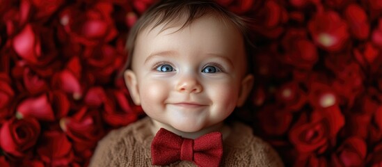 Fototapeta premium Joyful baby boy in a bow tie smiling on a bed of vibrant red roses and petals creating a charming and heartwarming atmosphere
