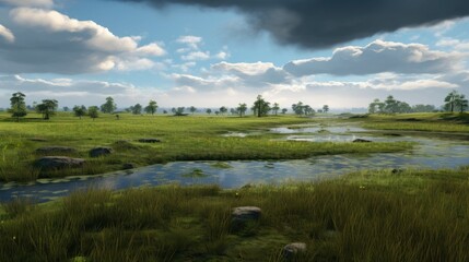 Tranquil wetlands and expansive meadows under a dramatic cloudy sky showcasing serene natural beauty and lush green landscapes