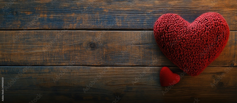 Aufkleber Valentine's Day backdrop with knitted heart on wooden tabletop for table setting and empty space for text or decoration concept
