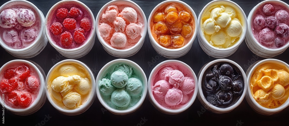 Poster Assorted handmade ice cream varieties in colorful cups arranged neatly for sale in a delightful ice cream shop display.