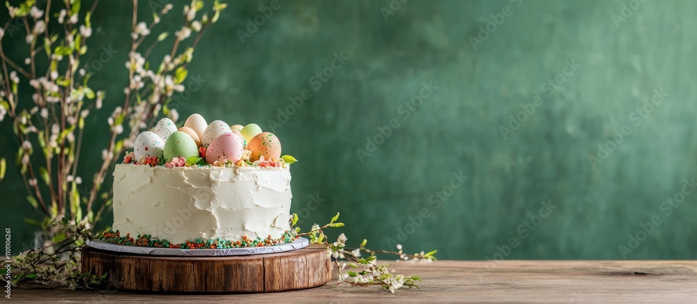 Poster easter cake adorned with colorful eggs on a wooden table surrounded by greenery creating a festive s